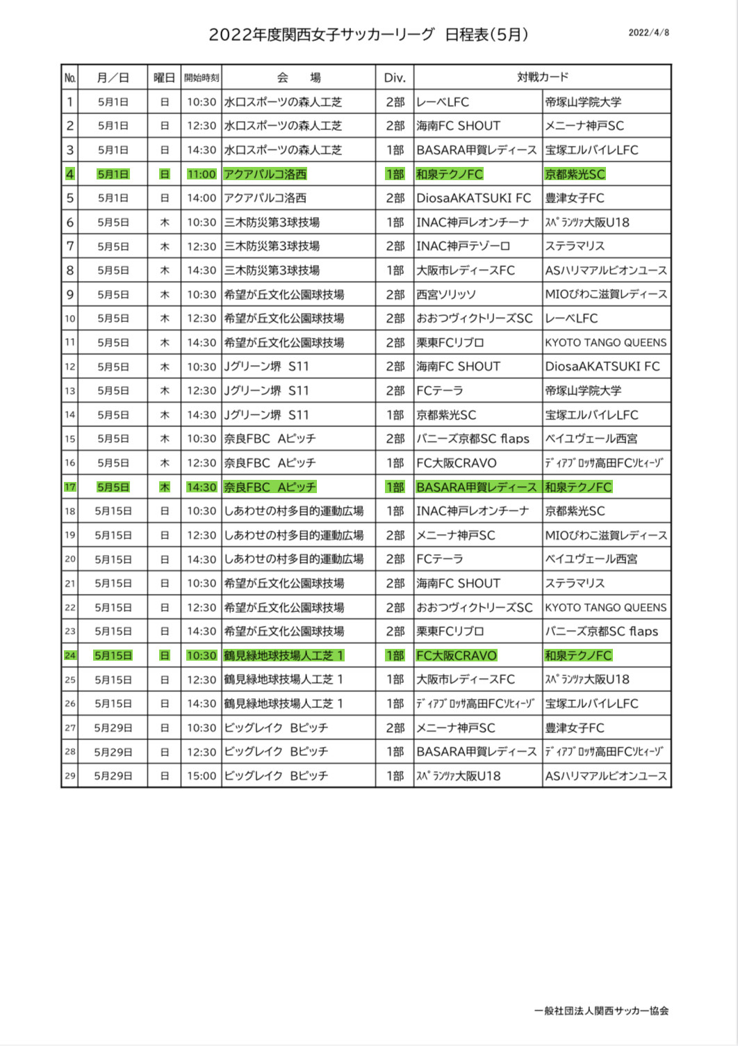 22年度関西女子サッカー1部リーグ日程について 和泉テクノfc